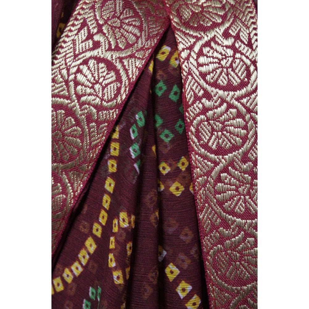 Isadora Life Womens Bandhani Printed Maroon Pre-Draped Saree with Unstitched Blouse