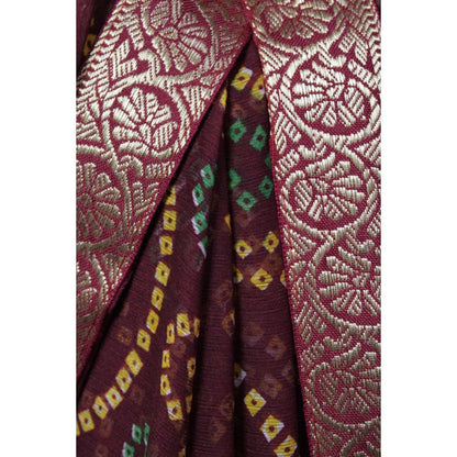 Isadora Life Womens Bandhani Printed Maroon Pre-Draped Saree with Unstitched Blouse