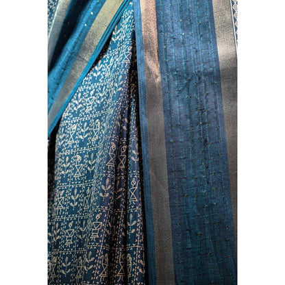 Isadora Life Womens Printed Blue Pre-Draped Saree with Unstitched Blouse