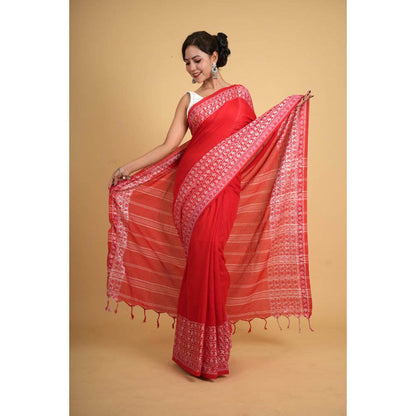 Isadora Life Womens Printed Tassels Red Pre-Draped Saree with Unstitched Blouse