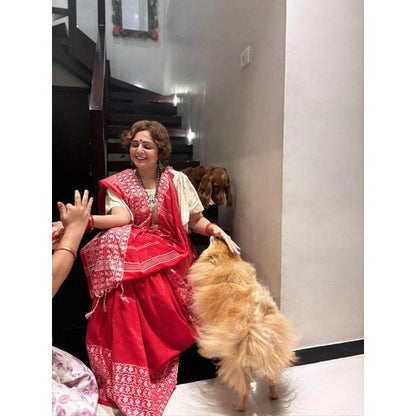 Isadora Life Womens Printed Tassels Red Pre-Draped Saree with Unstitched Blouse