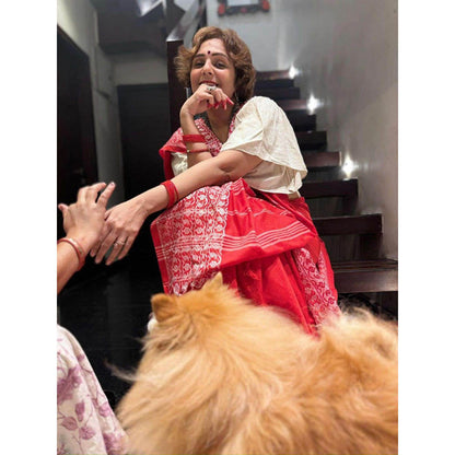 Isadora Life Womens Printed Tassels Red Pre-Draped Saree with Unstitched Blouse