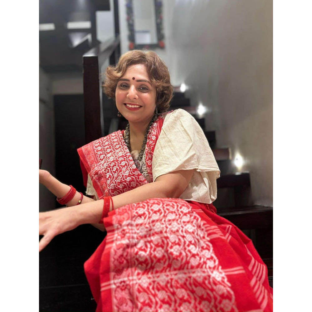 Isadora Life Womens Printed Tassels Red Pre-Draped Saree with Unstitched Blouse