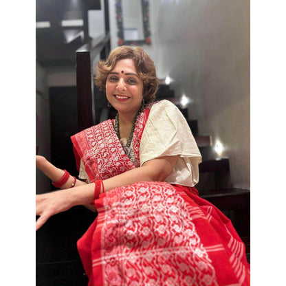 Isadora Life Womens Printed Tassels Red Pre-Draped Saree with Unstitched Blouse