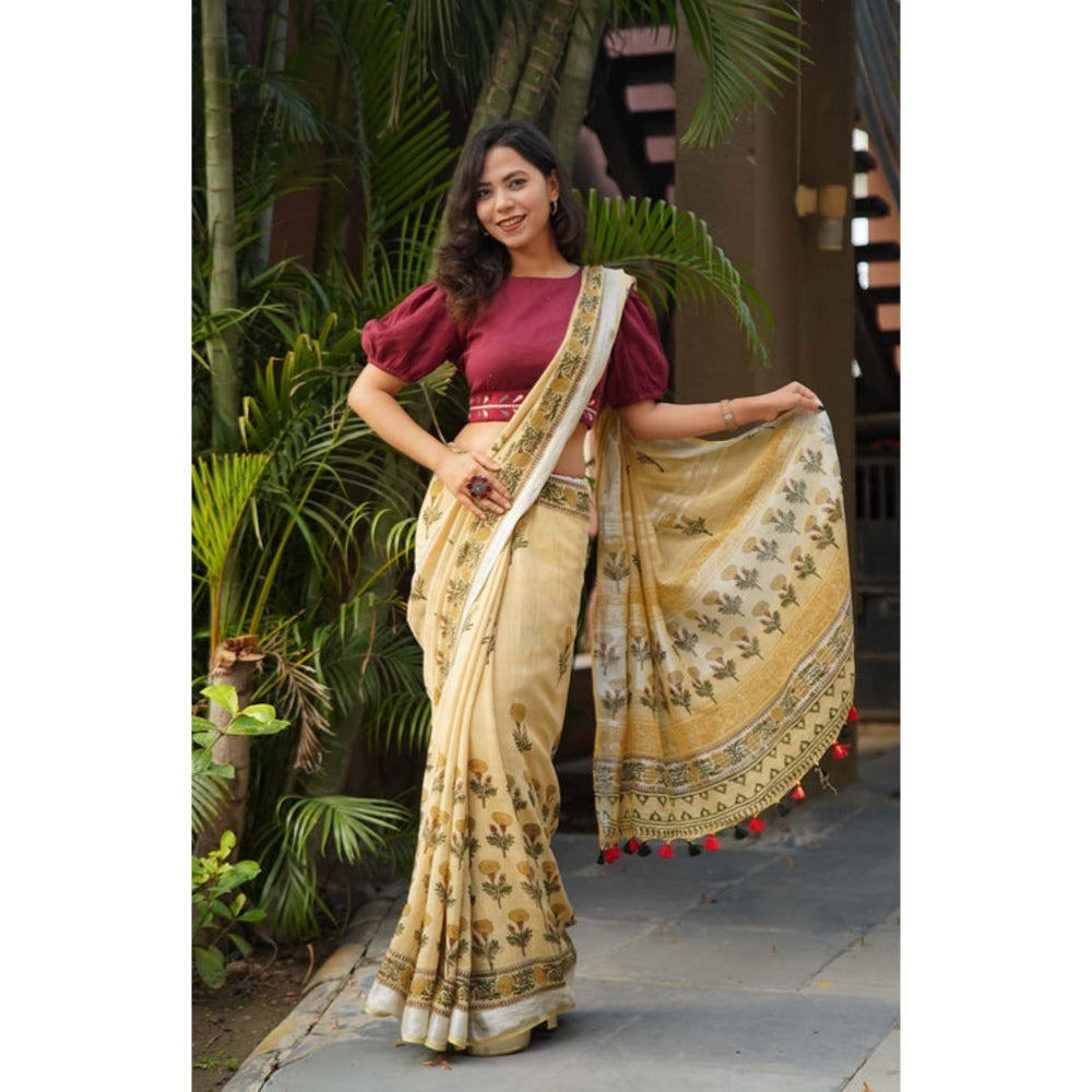 Isadora Life Womens Printed Tassels Beige Pre-Draped Saree with Unstitched Blouse