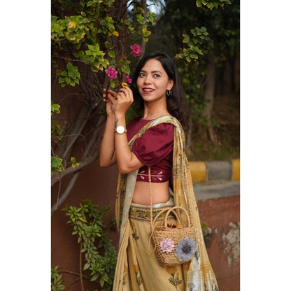 Isadora Life Womens Printed Tassels Beige Pre-Draped Saree with Unstitched Blouse