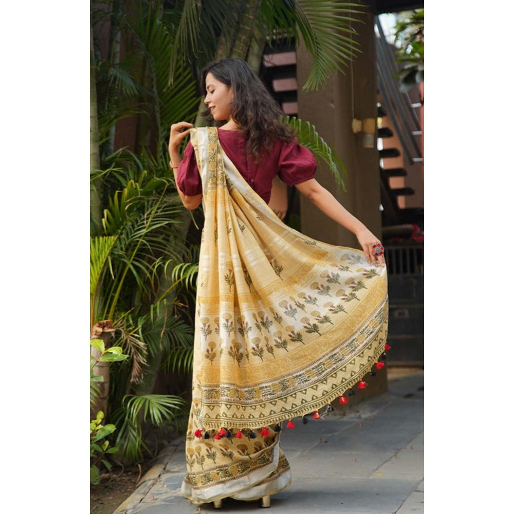 Isadora Life Womens Printed Tassels Beige Pre-Draped Saree with Unstitched Blouse