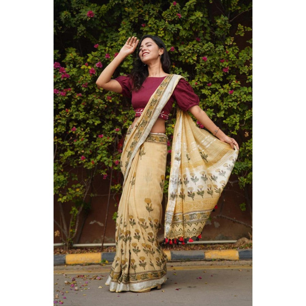 Isadora Life Womens Printed Tassels Beige Pre-Draped Saree with Unstitched Blouse