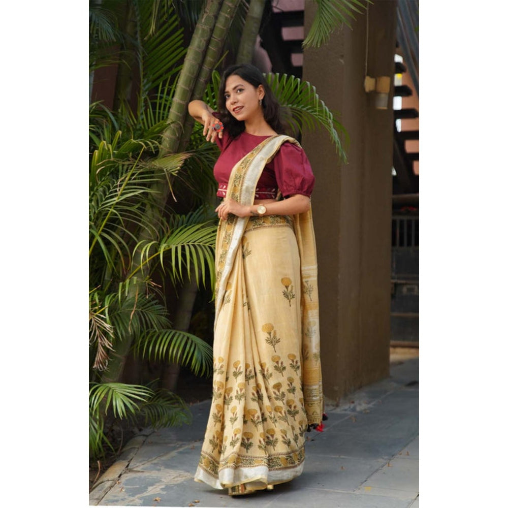 Isadora Life Womens Printed Tassels Beige Pre-Draped Saree with Unstitched Blouse