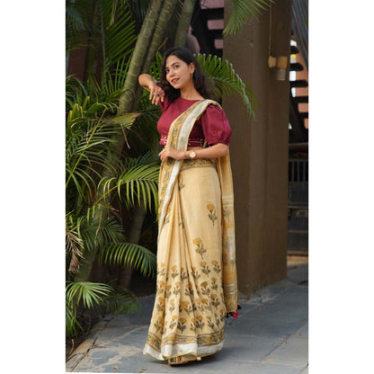 Isadora Life Womens Printed Tassels Beige Pre-Draped Saree with Unstitched Blouse
