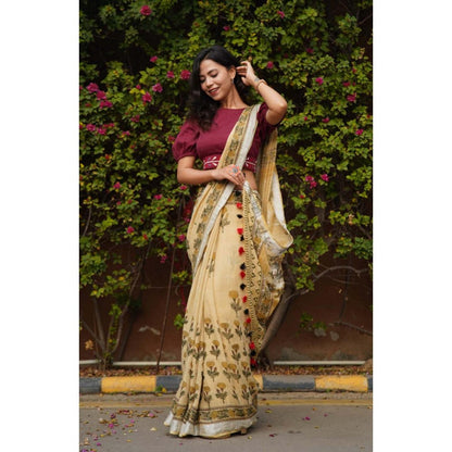 Isadora Life Womens Printed Tassels Beige Pre-Draped Saree with Unstitched Blouse