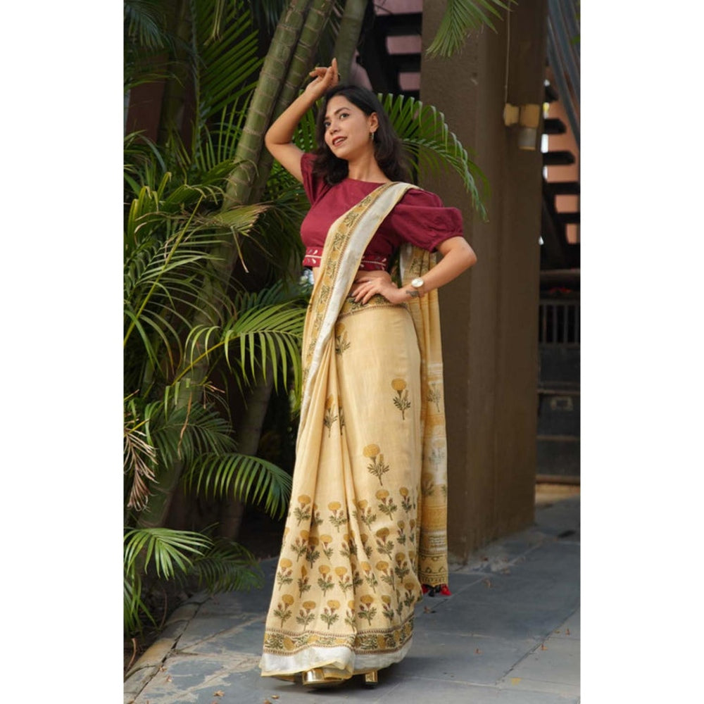 Isadora Life Womens Printed Tassels Beige Pre-Draped Saree with Unstitched Blouse