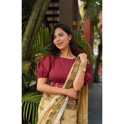Isadora Life Womens Printed Tassels Beige Pre-Draped Saree with Unstitched Blouse