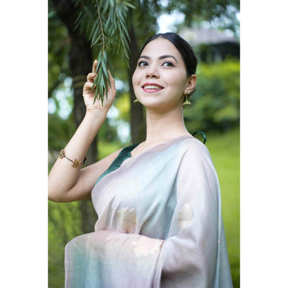 Isadora Life Womens Embroidered Thread Work Blue Pre-Draped Saree with Unstitched Blouse