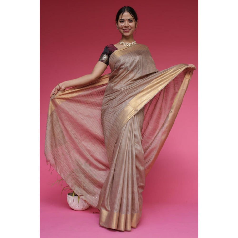Isadora Life Womens Stripes Zari Beige Pre-Draped Saree with Unstitched Blouse