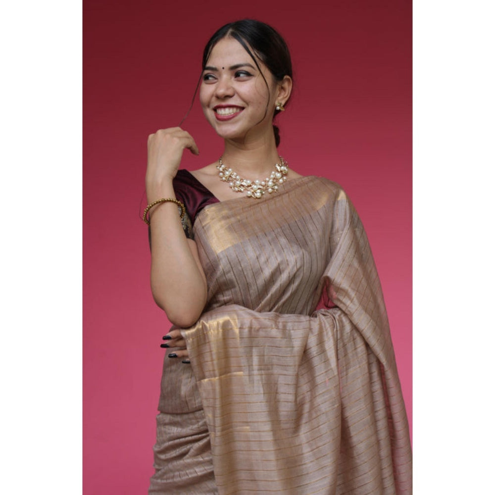 Isadora Life Womens Stripes Zari Beige Pre-Draped Saree with Unstitched Blouse