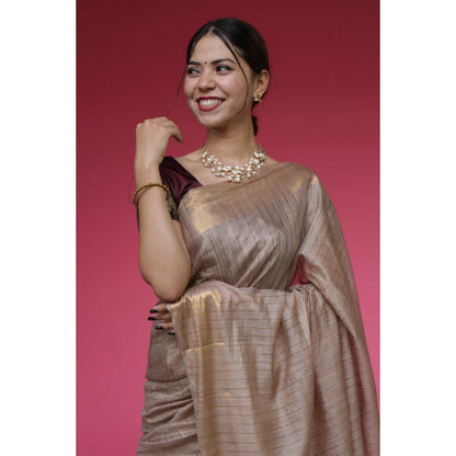 Isadora Life Womens Stripes Zari Beige Pre-Draped Saree with Unstitched Blouse