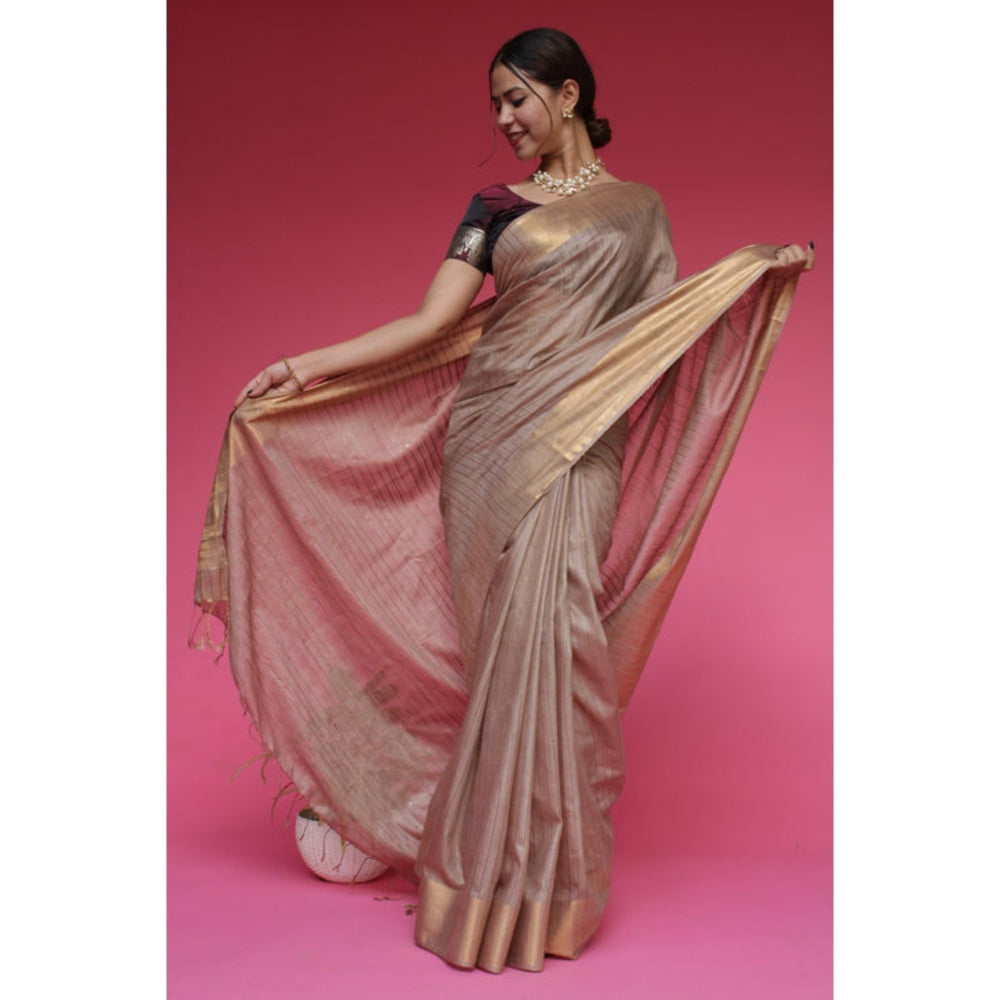 Isadora Life Womens Stripes Zari Beige Pre-Draped Saree with Unstitched Blouse