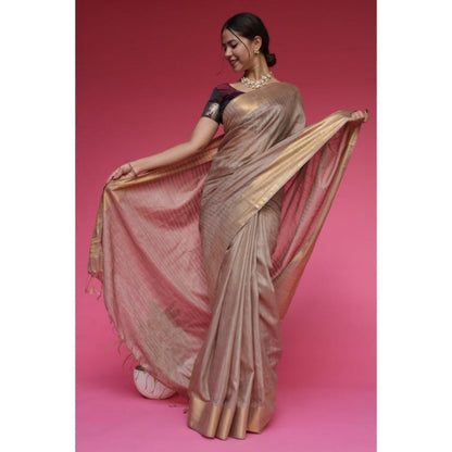 Isadora Life Womens Stripes Zari Beige Pre-Draped Saree with Unstitched Blouse