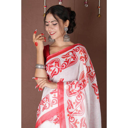 Isadora Life Womens Printed Tassels White Pre-Draped Saree with Unstitched Blouse