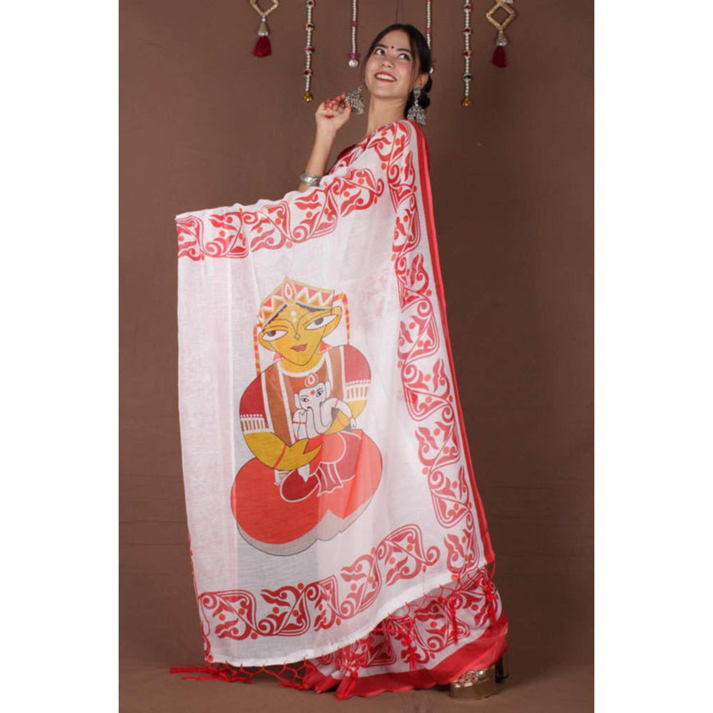 Isadora Life Womens Printed Tassels White Pre-Draped Saree with Unstitched Blouse