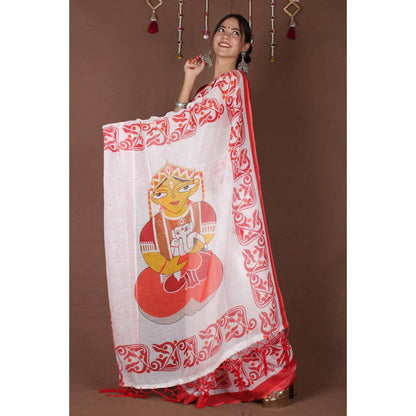 Isadora Life Womens Printed Tassels White Pre-Draped Saree with Unstitched Blouse