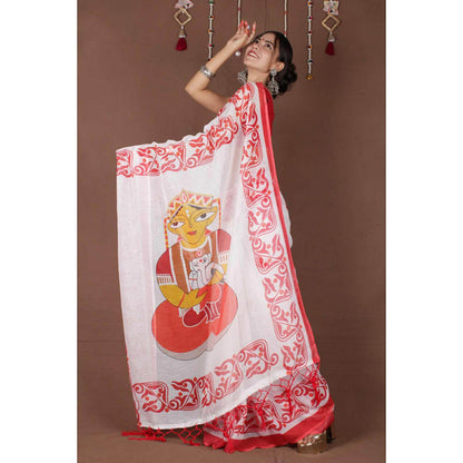 Isadora Life Womens Printed Tassels White Pre-Draped Saree with Unstitched Blouse