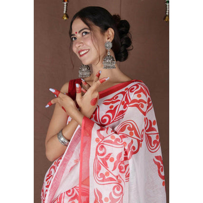 Isadora Life Womens Printed Tassels White Pre-Draped Saree with Unstitched Blouse