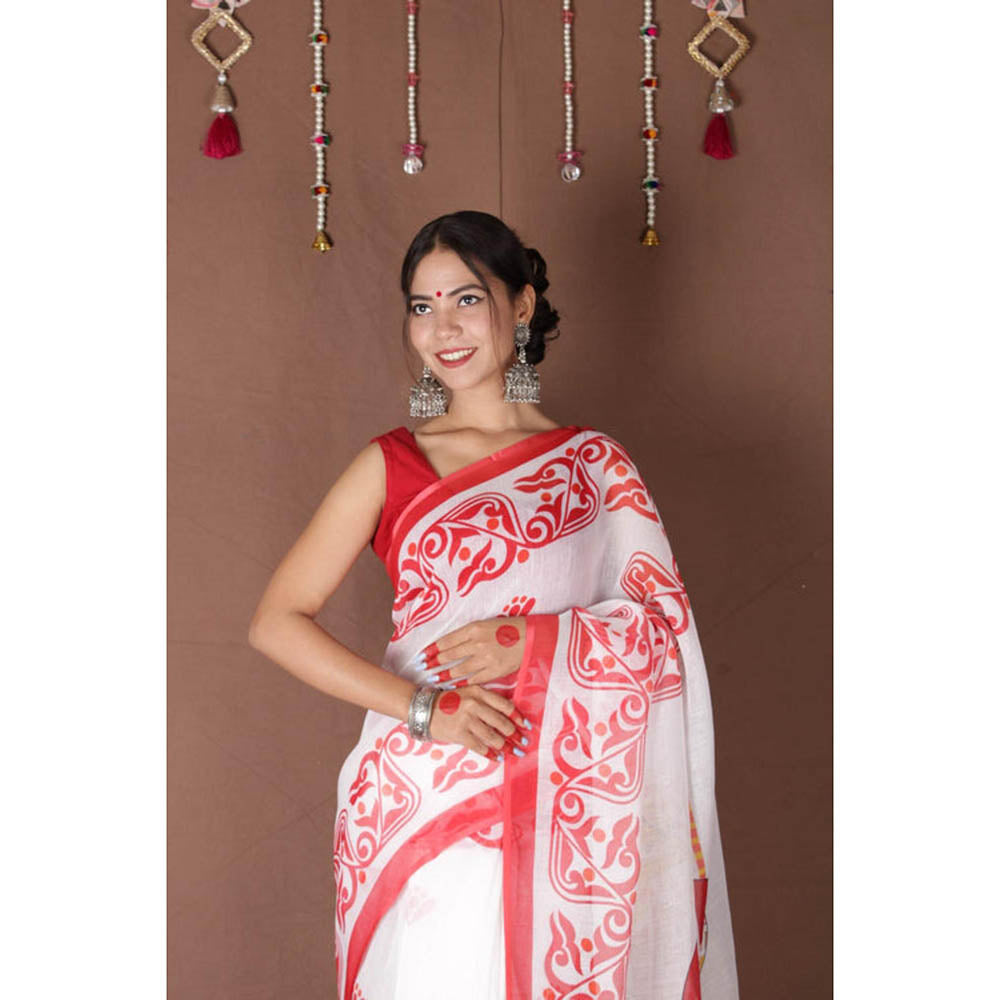 Isadora Life Womens Printed Tassels White Pre-Draped Saree with Unstitched Blouse