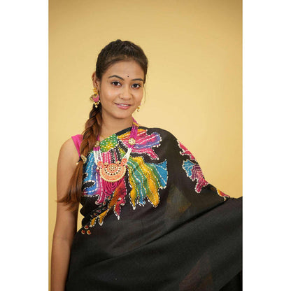 Isadora Life Womens Floral Printed Black Pre-Draped Saree with Unstitched Blouse