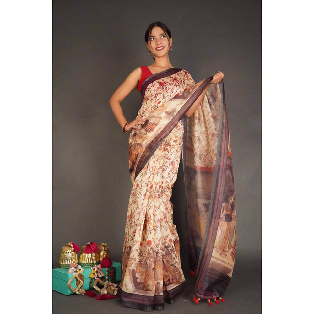 Isadora Life Womens Kalamkari Printed Beige Pre-Draped Saree with Unstitched Blouse