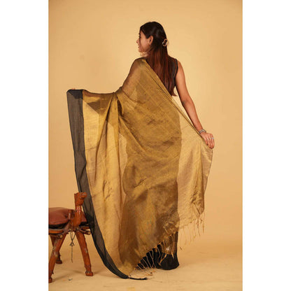 Isadora Life Womens Solid Tassels Gold Pre-Draped Saree with Unstitched Blouse