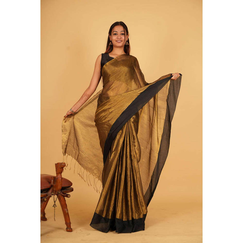 Isadora Life Womens Solid Tassels Gold Pre-Draped Saree with Unstitched Blouse