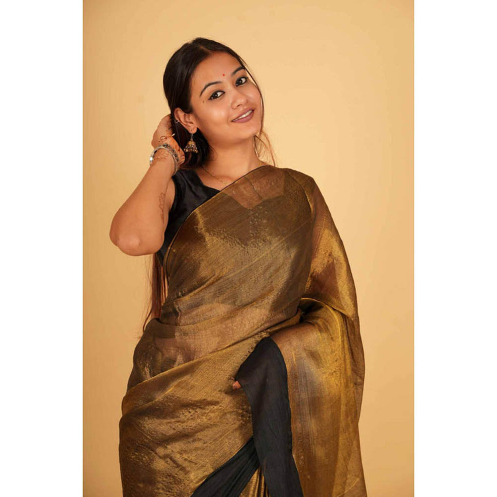 Isadora Life Womens Solid Tassels Gold Pre-Draped Saree with Unstitched Blouse