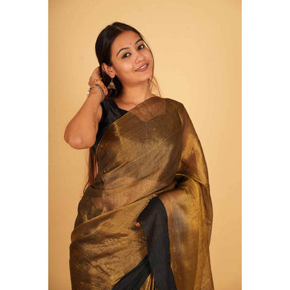 Isadora Life Womens Solid Tassels Gold Pre-Draped Saree with Unstitched Blouse