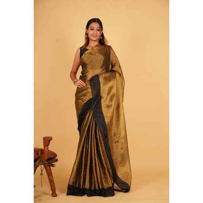 Isadora Life Womens Solid Tassels Gold Pre-Draped Saree with Unstitched Blouse