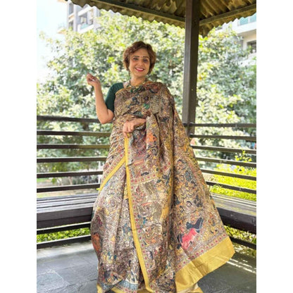 Isadora Life Womens Printed Multi-Color Pre-Draped Saree with Unstitched Blouse