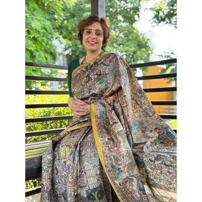 Isadora Life Womens Printed Multi-Color Pre-Draped Saree with Unstitched Blouse