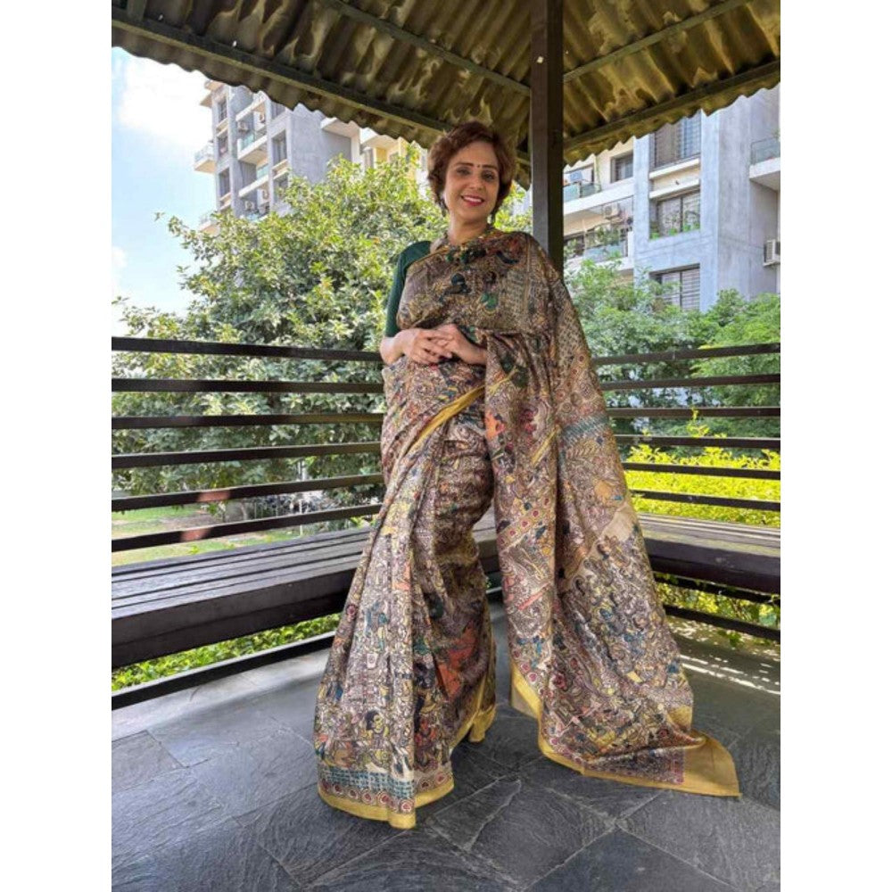 Isadora Life Womens Printed Multi-Color Pre-Draped Saree with Unstitched Blouse