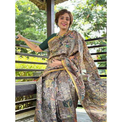 Isadora Life Womens Printed Multi-Color Pre-Draped Saree with Unstitched Blouse
