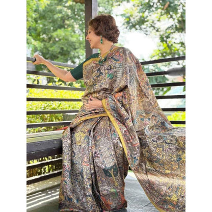 Isadora Life Womens Printed Multi-Color Pre-Draped Saree with Unstitched Blouse