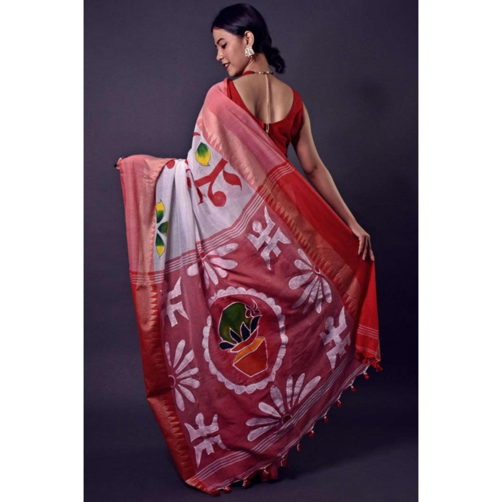 Isadora Life Womens Printed Tassels White Pre-Draped Saree with Unstitched Blouse