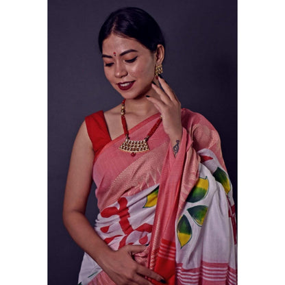 Isadora Life Womens Printed Tassels White Pre-Draped Saree with Unstitched Blouse