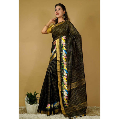 Isadora Life Womens Checks Tassels Black Pre-Draped Saree with Unstitched Blouse