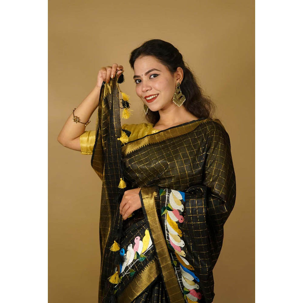 Isadora Life Womens Checks Tassels Black Pre-Draped Saree with Unstitched Blouse