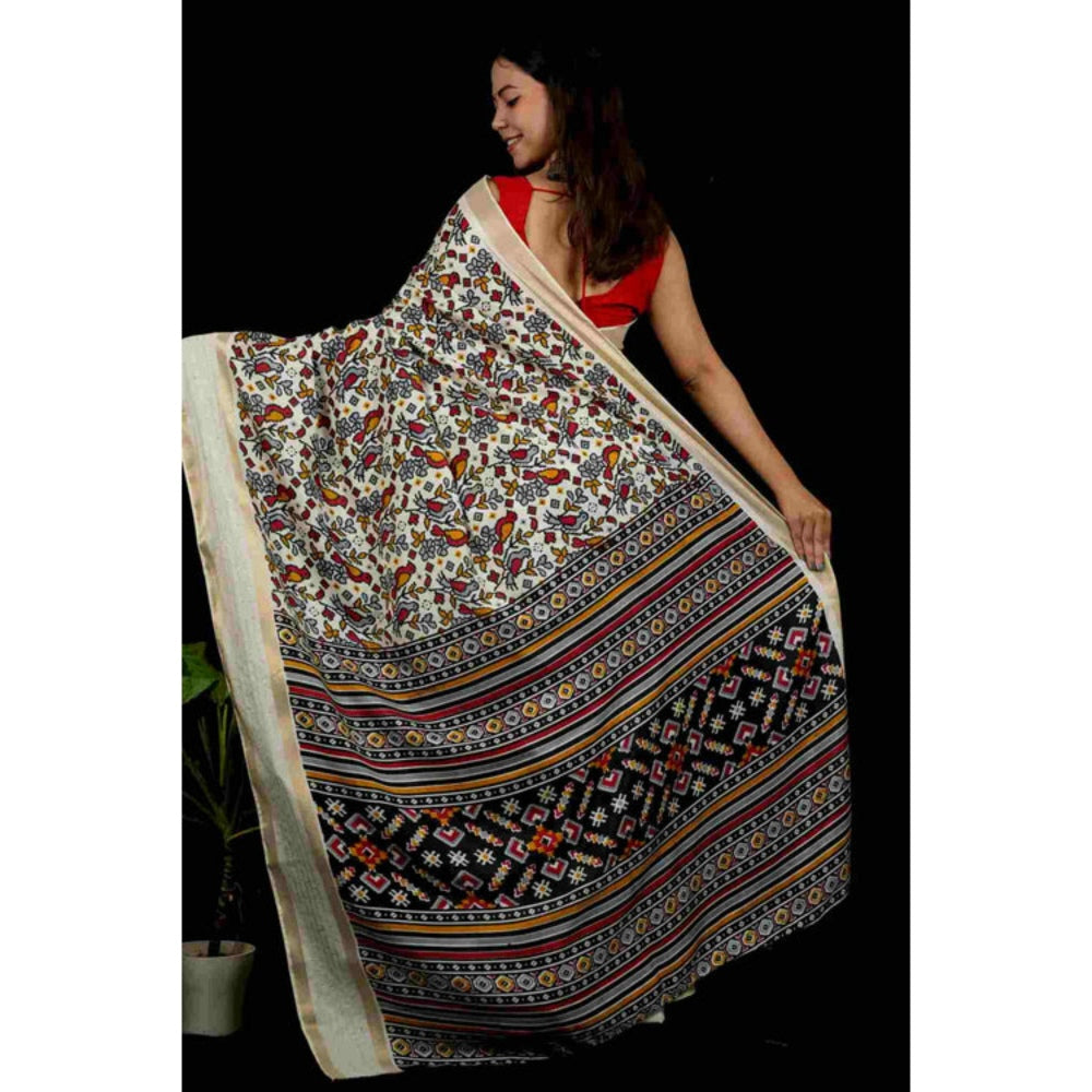 Isadora Life Womens Printed White Pre-Draped Saree with Unstitched Blouse