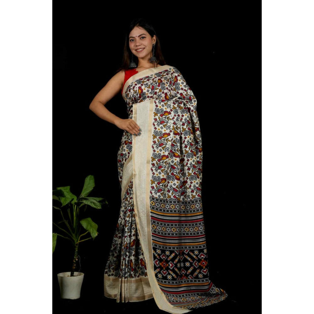 Isadora Life Womens Printed White Pre-Draped Saree with Unstitched Blouse