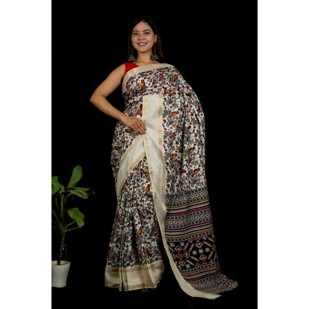 Isadora Life Womens Printed White Pre-Draped Saree with Unstitched Blouse