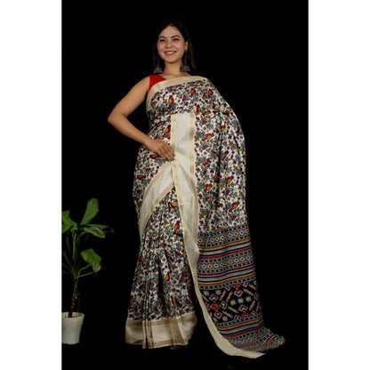 Isadora Life Womens Printed White Pre-Draped Saree with Unstitched Blouse