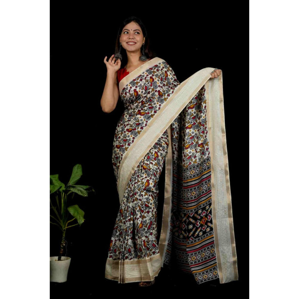 Isadora Life Womens Printed White Pre-Draped Saree with Unstitched Blouse
